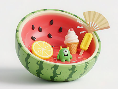 Ice cream in watermelon bowl on white background. 3d illustrationの写真素材