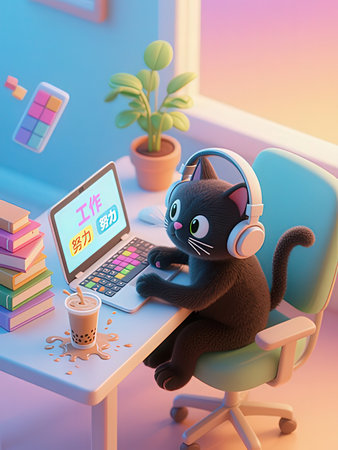 A black cat is sitting at the computer and listening to music with headphones. 3D rendering.の写真素材