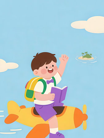 Boy reading a book on the plane. Vector illustration in a flat style.の写真素材