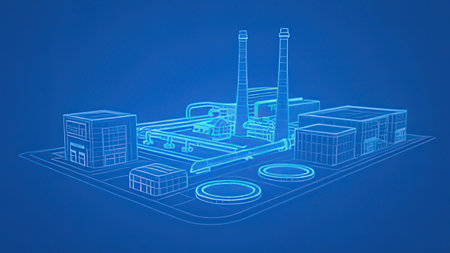 Industrial plant. Wireframe low poly mesh vector illustration on blue background.の写真素材