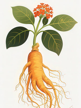 Root of ginseng plant with leaves and flowers. Vector illustration.