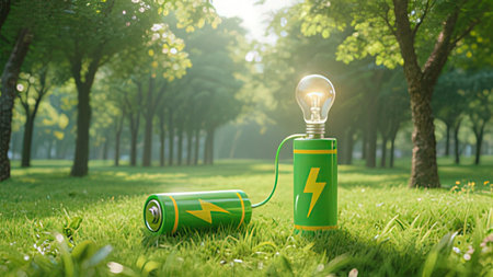 Energy saving concept. Green battery and light bulb on grass in the park.
