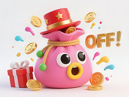 Happy pink piggy bank with red hat, red gift box, gold coins and speech bubble on white backgroundの写真素材