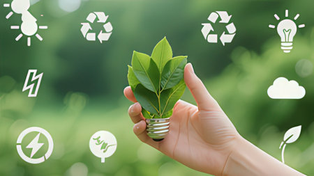 Hand holding a light bulb with green leaves and eco icons on nature background