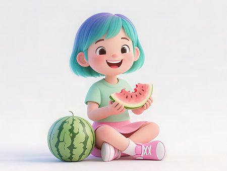 Cute little girl eating watermelon. 3d render illustration.の写真素材
