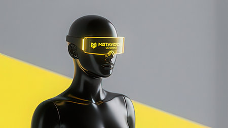 3D Illustration of a Robot Wearing Safety Glasses on a Yellow and Gray Backgroundの写真素材