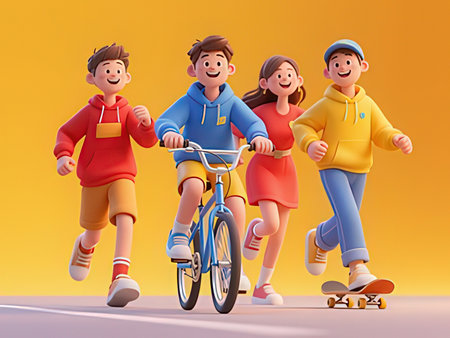 Group of children riding on a bicycle and skateboard. 3d rendering