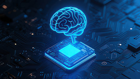3D illustration of a human brain on a computer circuit board background