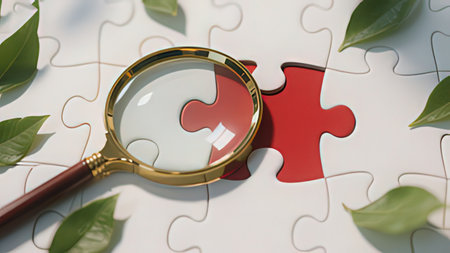 Magnifying glass on jigsaw puzzle piece with green leaves. 3d renderingの写真素材