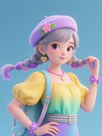 3d illustration of a cute cartoon girl with a backpack on her backの写真素材