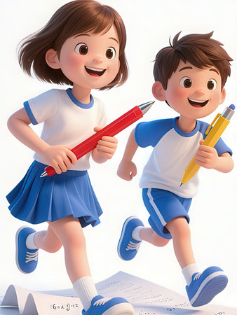 Happy children with pencils on white background, 3d illustration.