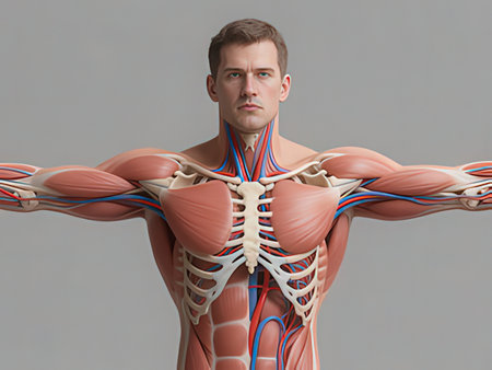 3d rendered illustration of a male figure with muscle maps and arms