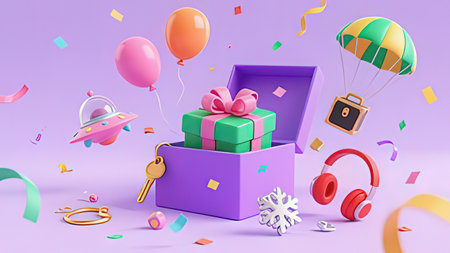 Gift box with surprise, balloons and confetti. 3d rendering