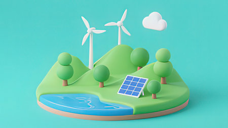 Ecology concept with wind turbines and solar panels. 3d rendering