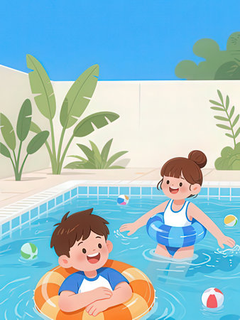 Children playing in the swimming pool. Vector illustration of a boy and a girl having fun in the...