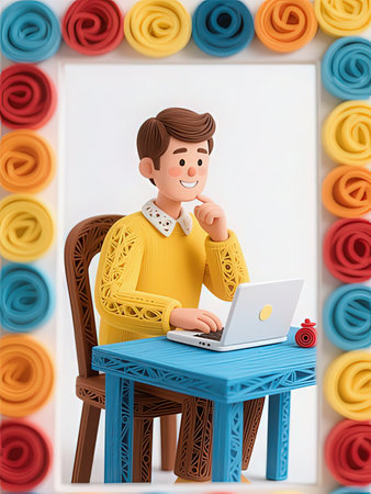 3d illustration. Cartoon man sitting at the table with laptop.の写真素材