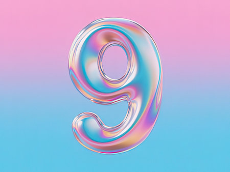 Number 9 made of holographic foil isolated on colorful background. 3d rendering