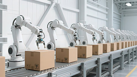 3d rendering robotic arms with cardboard boxes on conveyor belt in warehouseの写真素材