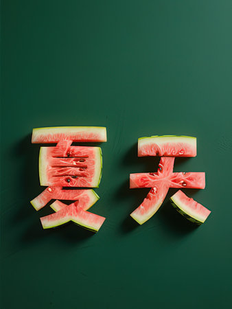 Watermelon on a green background with the Chinese characters for the new year