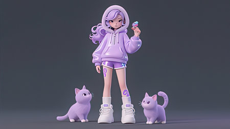 Girl with cat and ice cream in her hands. 3d renderingの写真素材