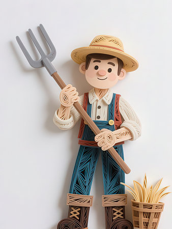 farmer with a pitchfork on a white background, 3d renderの写真素材