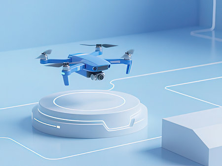 Drone with digital camera on podium in blue background. 3d rendering