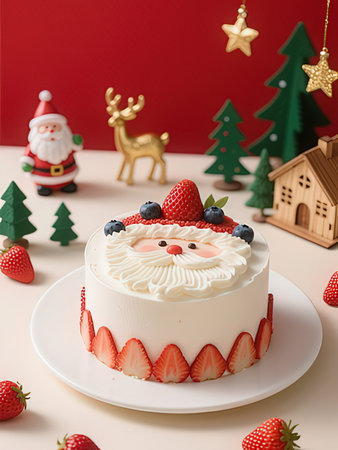 Christmas cake with santa claus and berries on a red backgroundの写真素材