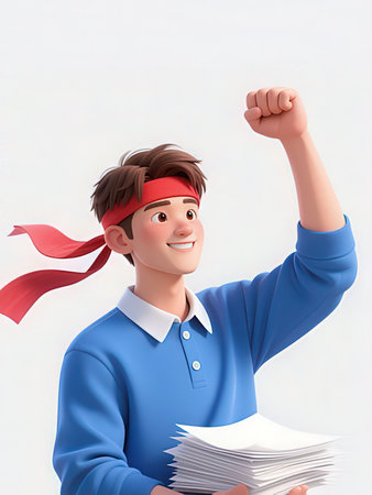 3d illustration of young man in blue shirt and red bandanaの写真素材