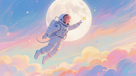 Astronaut flying in the sky with full moon. Vector illustration.の写真素材