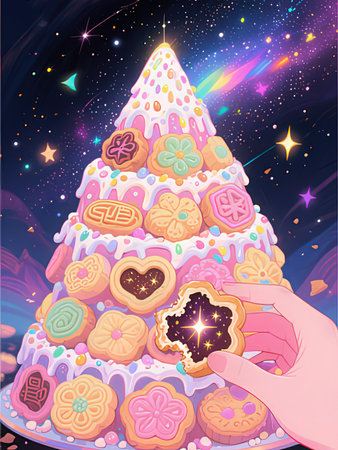 Cake in the form of a Christmas tree on the background of the starry sky
