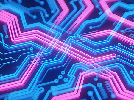 Abstract technology background with circuit board. 3D rendering. Neon lights.