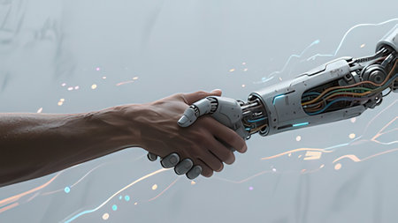3D rendering humanoid robot hand shake with human hand on white background