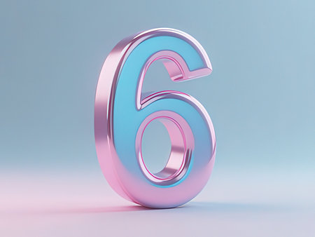 Metallic number 6 on blue background. 3d rendered glossy metallic font character.
