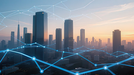 Smart city and wireless communication network over the cityscape at sunset, concept of smart city...