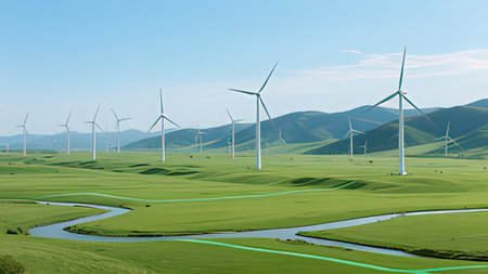 Wind turbines on the green grassland in the countryside of China.