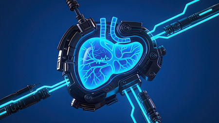 Digital illustration of human heart in blue background. 3D Rendering
