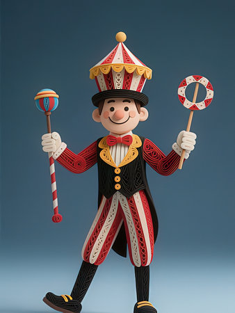 A cartoon circus performer with a cane and a lollipop.