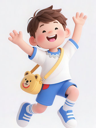 3d illustration of a cute boy running with a bag in his hand