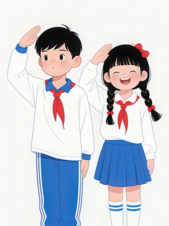 cute asian school boy and girl on white background vector illustration