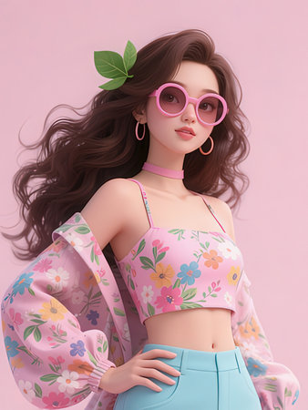 Beautiful young woman in summer clothes and sunglasses on pink background.