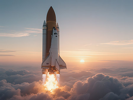 Rocket flying high in the sky. 3d render. Startup concept