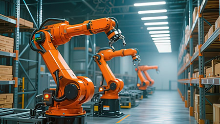 Smart robot arm system for innovative warehouse and factory digital technology. Automation...