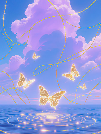 Beautiful sunset over sea with butterflies in the sky. Vector illustration.