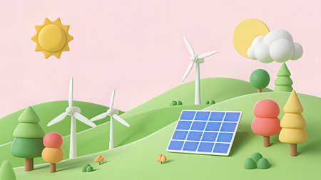 Solar panels and wind turbines on the green field. 3D renderingの写真素材