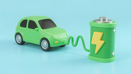 Green electric car charging battery on blue background. 3d rendering.