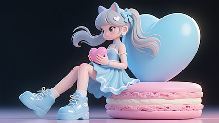 Cute little girl sitting on a cake with a big heart.