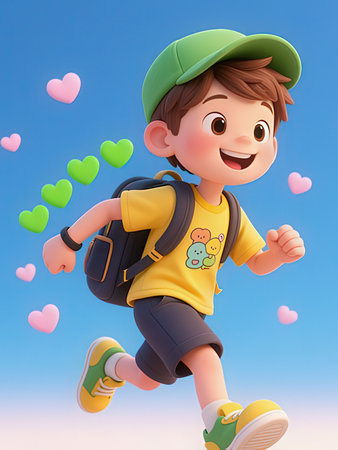 Boy with backpack and hearts on sky background. 3D rendering.