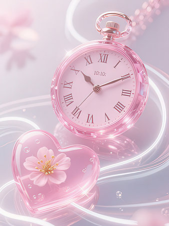 Valentine's day background with pink heart and clock. 3D rendering