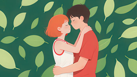 Young couple in love kissing on green leaves background. Vector illustration.の写真素材