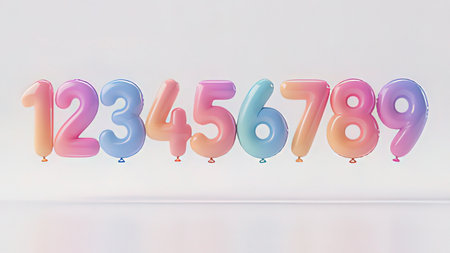3d rendering of pink and blue balloons with numbers on white background